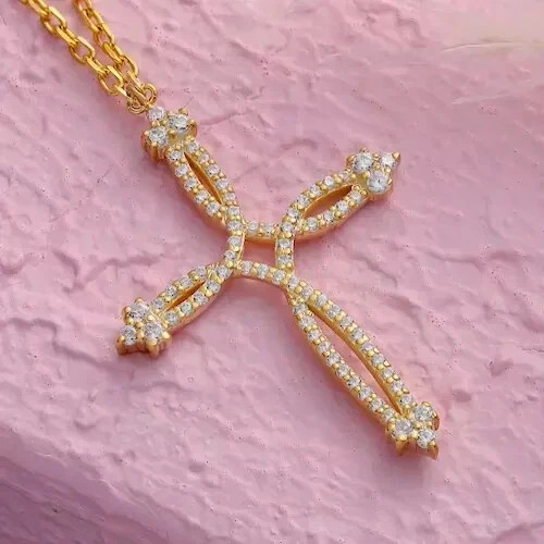 1.75Ct Round Cut Simulated Diamond Floral Cross Pendant 14k Yellow Gold Plated