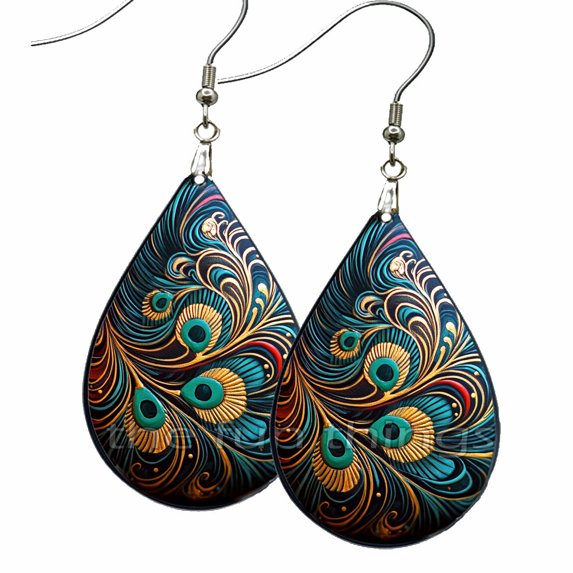 Abstract Art Bohemian Teal & Gold Feather Earrings Teardrop NO TARNISH Wood