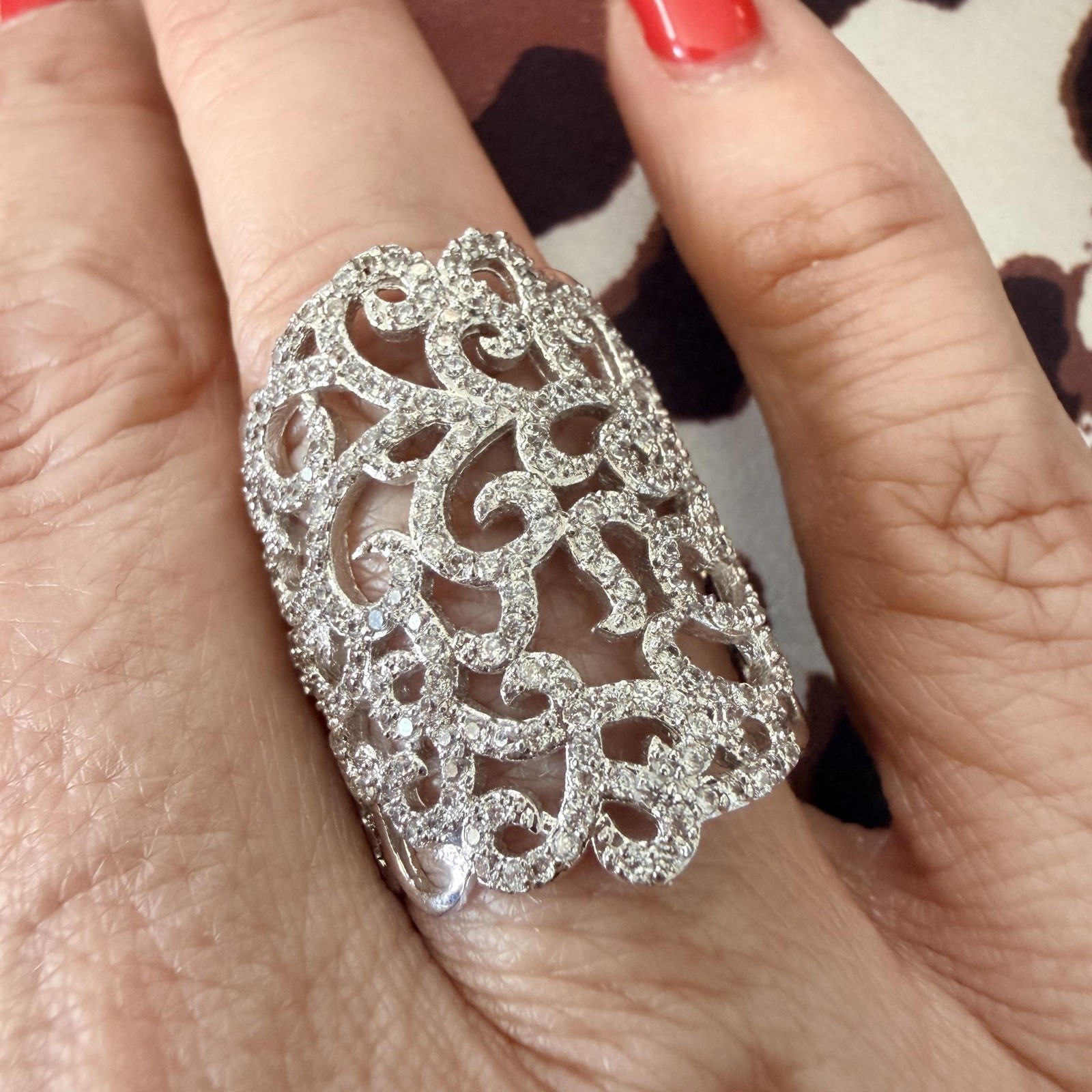Silver Tone Rhinestone Full Finger Cocktail Ring Size 8 Filigree Statement Bling
