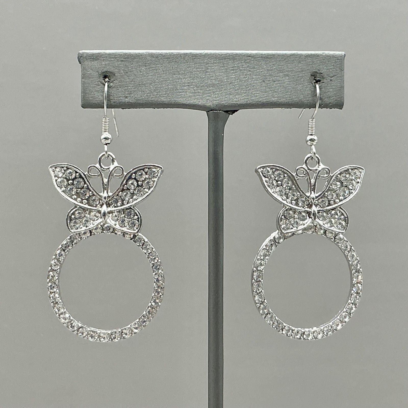 Earrings Womens Silver Tone Butterfly Rhinestone Hoop Dangle Drop 2.25 Inches