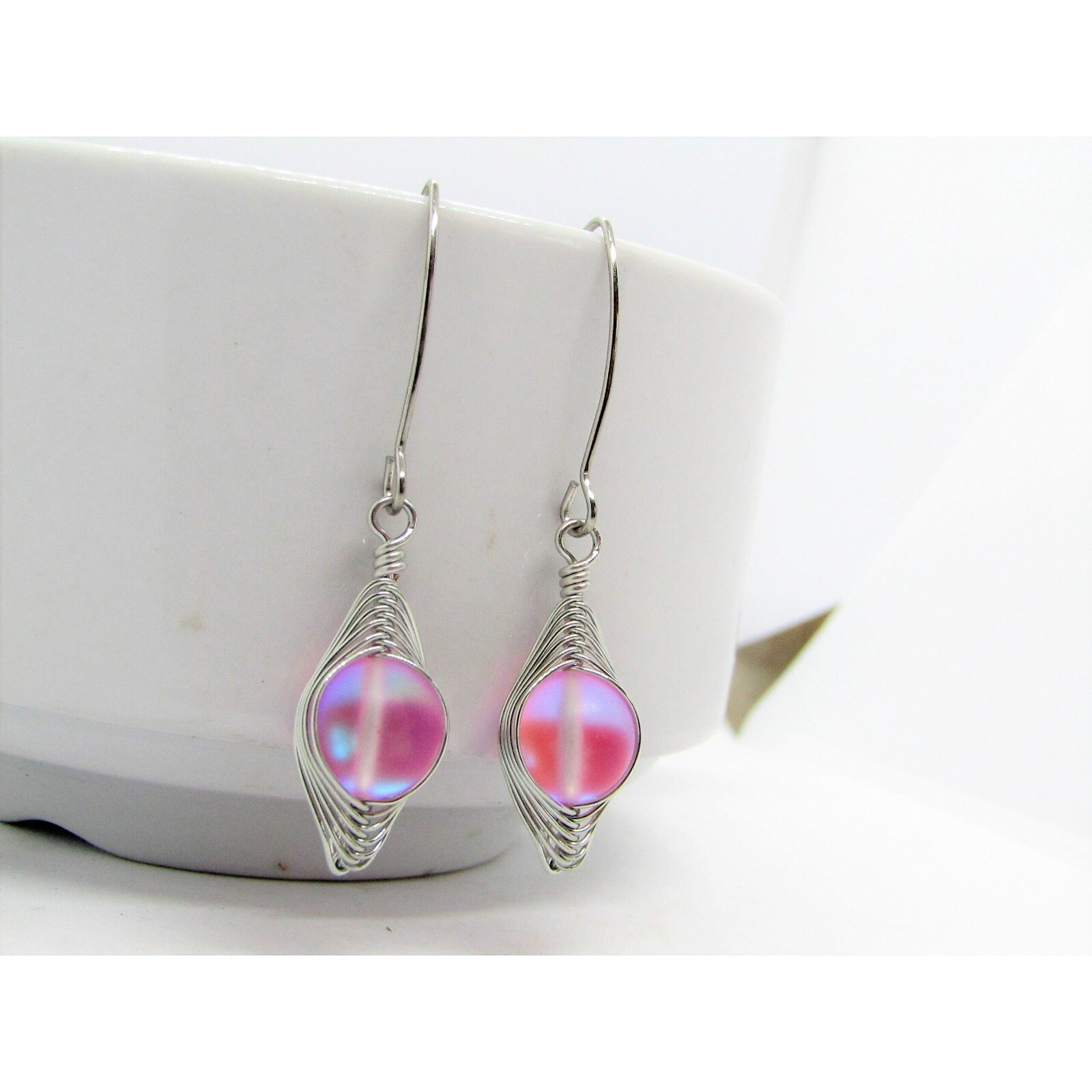 Pink “Mermaid Glass” Sea Glass Artisan Silver Earrings, Handmade Ladies Fashion
