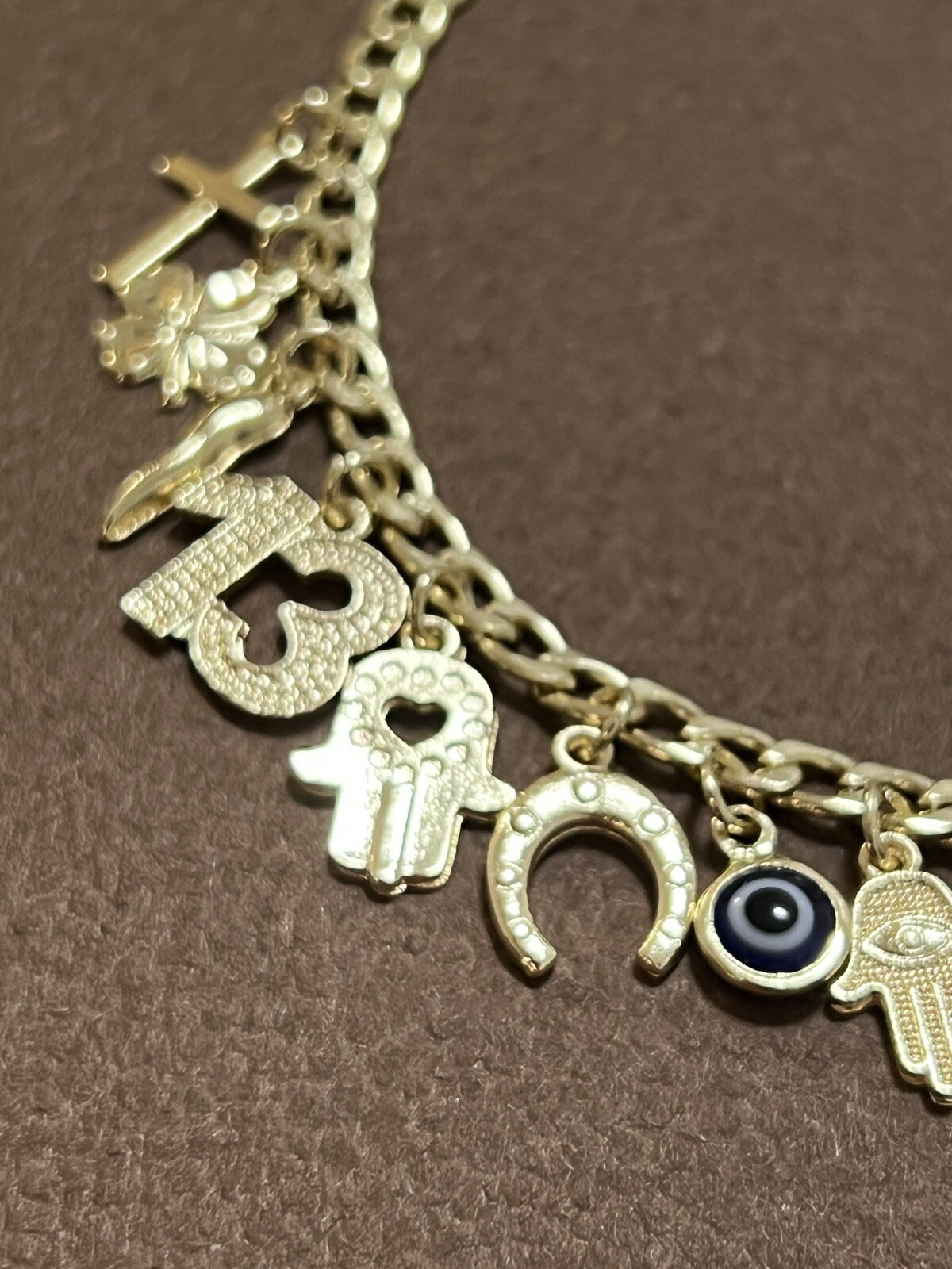 Lucky Charm Bracelet 7” Adjustable, Gold Filled Italian Horn,Butterfly,Elephant