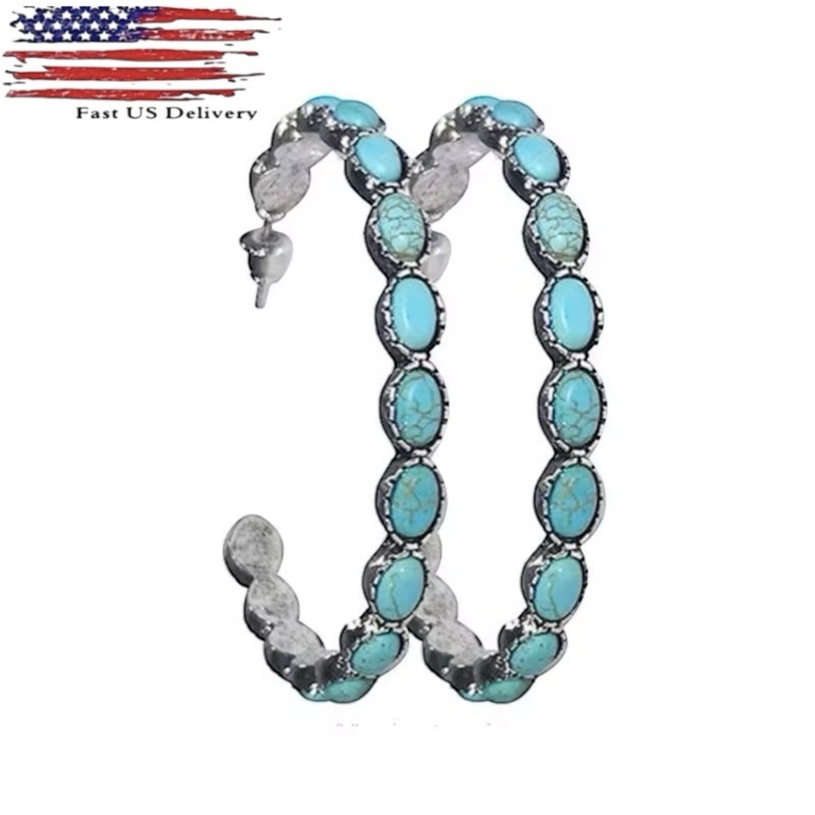Silver Turquoise Loop Hoop Earrings Bohemian Western Costume Jewelry 2″ A16