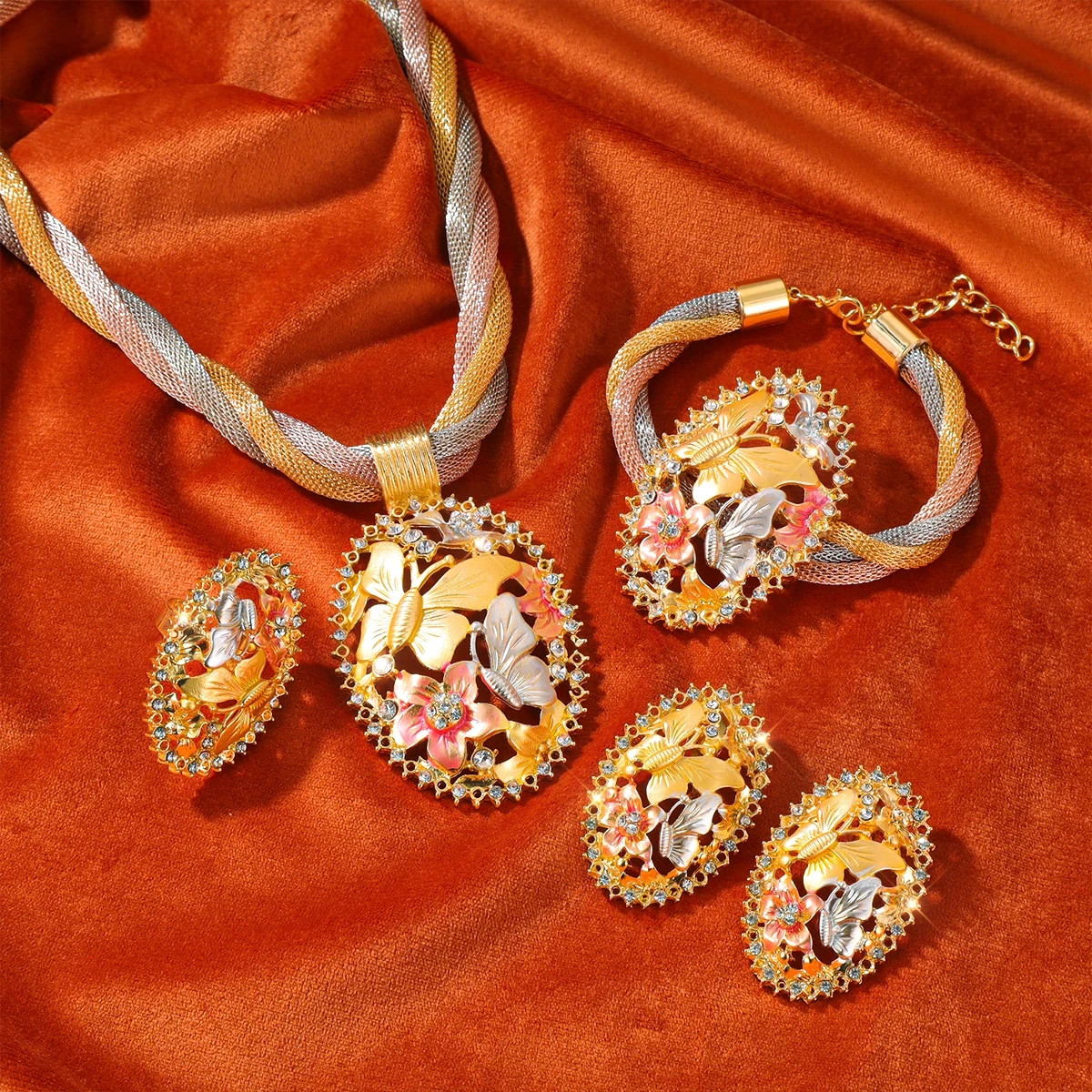 45cm African Dubai Gold Plated Flower Bridal Earrings Pendant Necklace Ring Sets