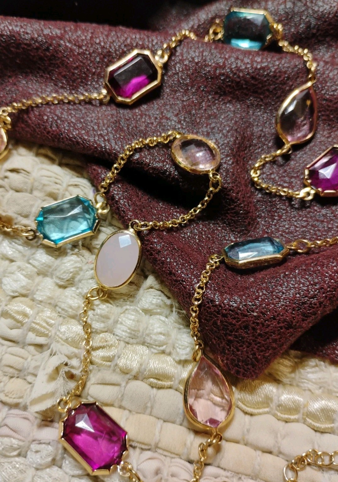 TIME and TRU 34″+ Long Bezel Set Acrylic, Glass, Stone Gems Gold Tone Necklace!