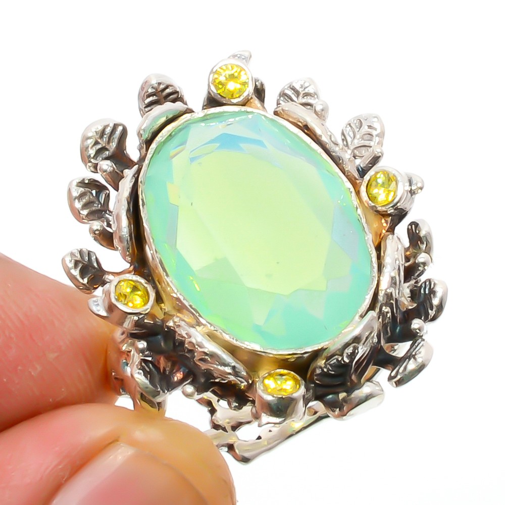 Green Milky Opal & Citrine 925 Silver Turkish Ring s.7.5 R1166-41