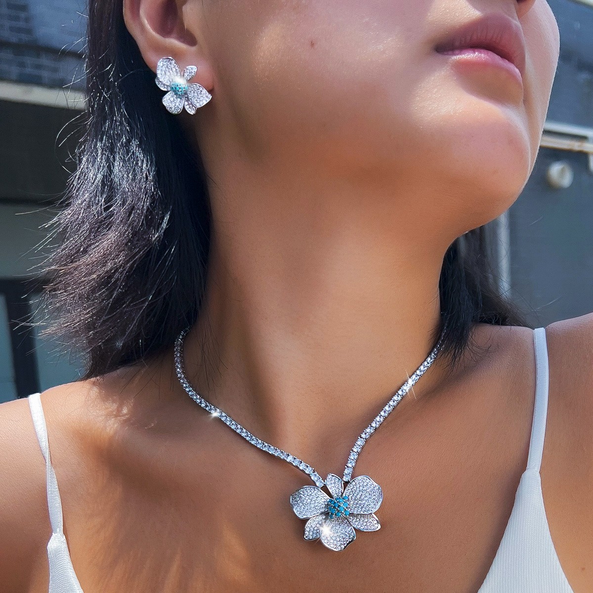 Silver Plated Big Flower Choker Necklace Earrings Bride CZ Turquoise Jewelry Set