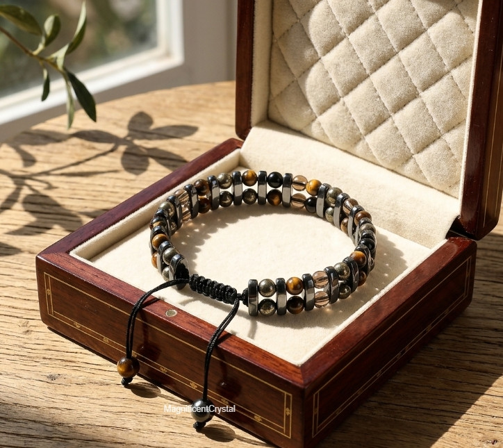 Multi Crystal Protection Bracelet Hematite Tiger Eye Smoky Quartz Pyrite Stone