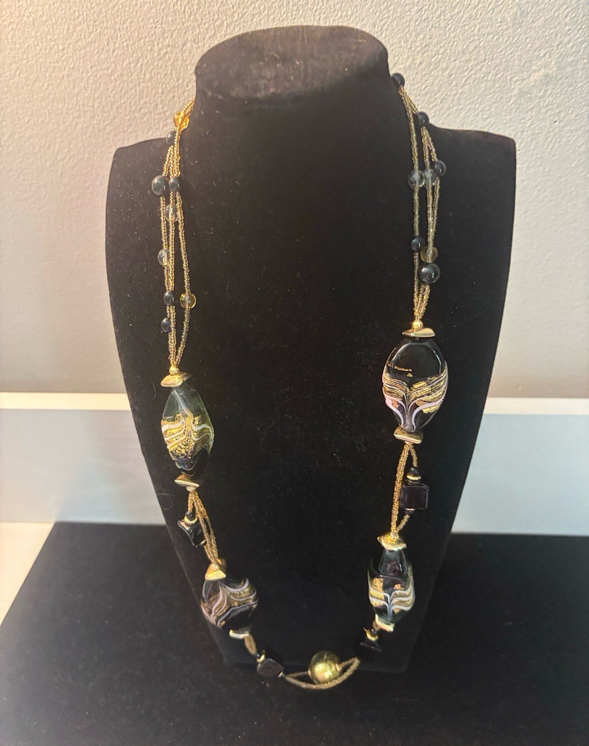 Perini Italian Vintage Gold /Black Beaded Necklace with Oval stones