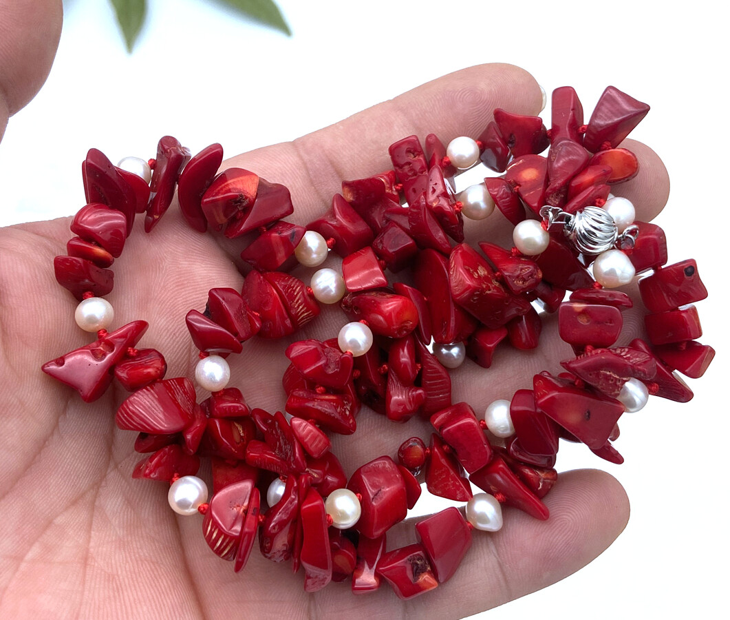 Red Nature Coral Gemstone & white pearl Chips Strand/String Necklaces 16-50“