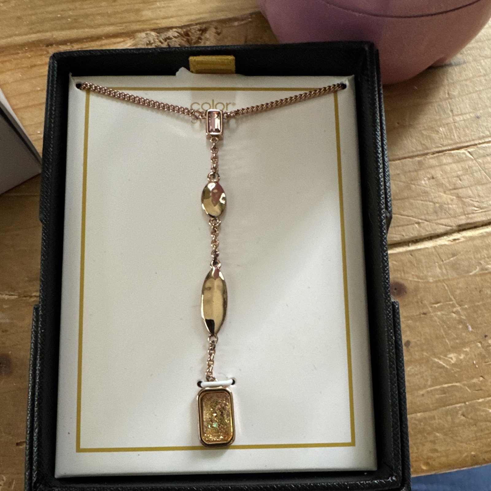 Rose Gold Plated Y-Drop Pendant Necklace Rectangular Charm Cable Chain