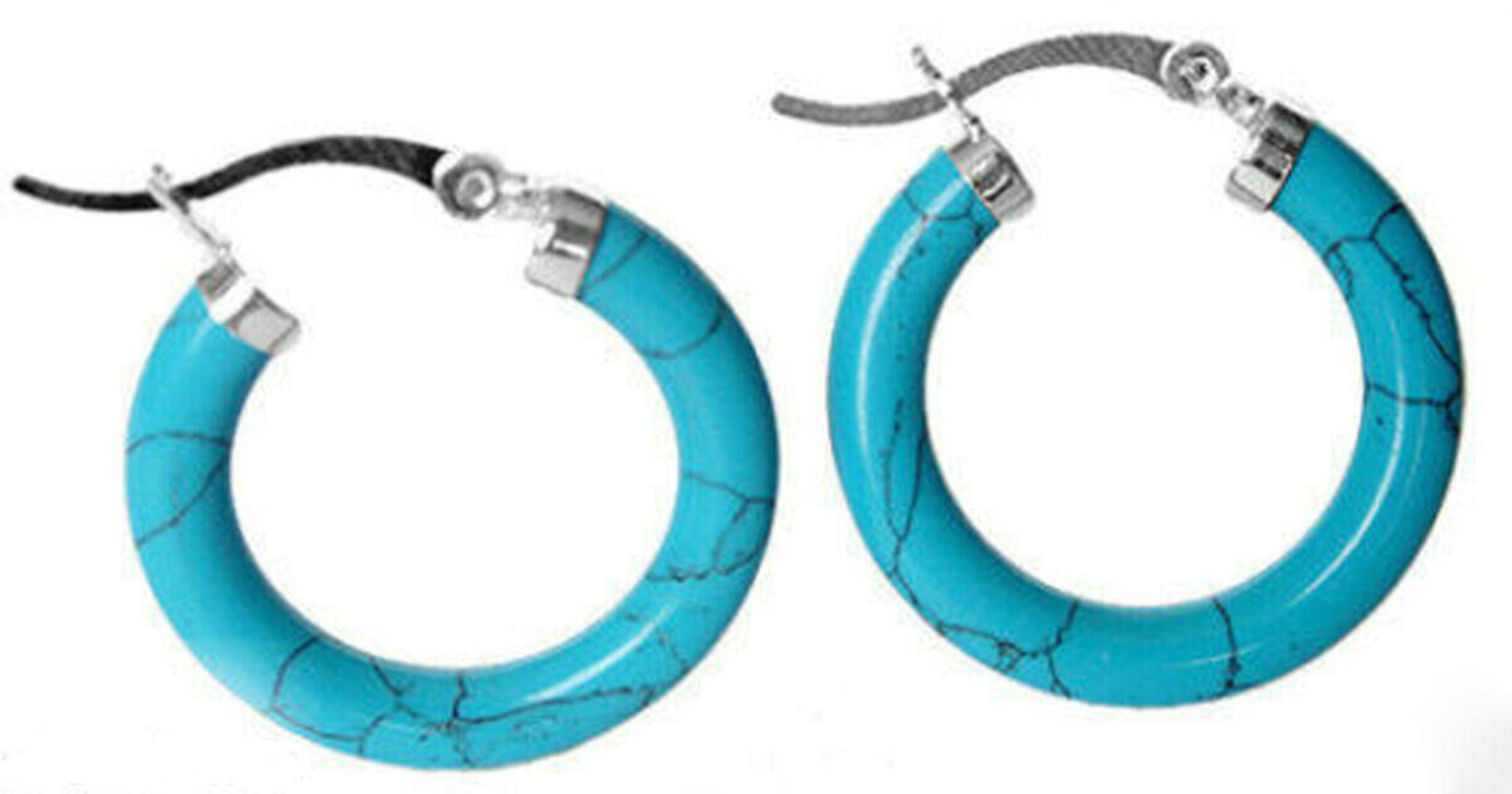 Genuine Natural Blue Turquoise Sterling Silver Snap Closure Hoop Dangle Earrings