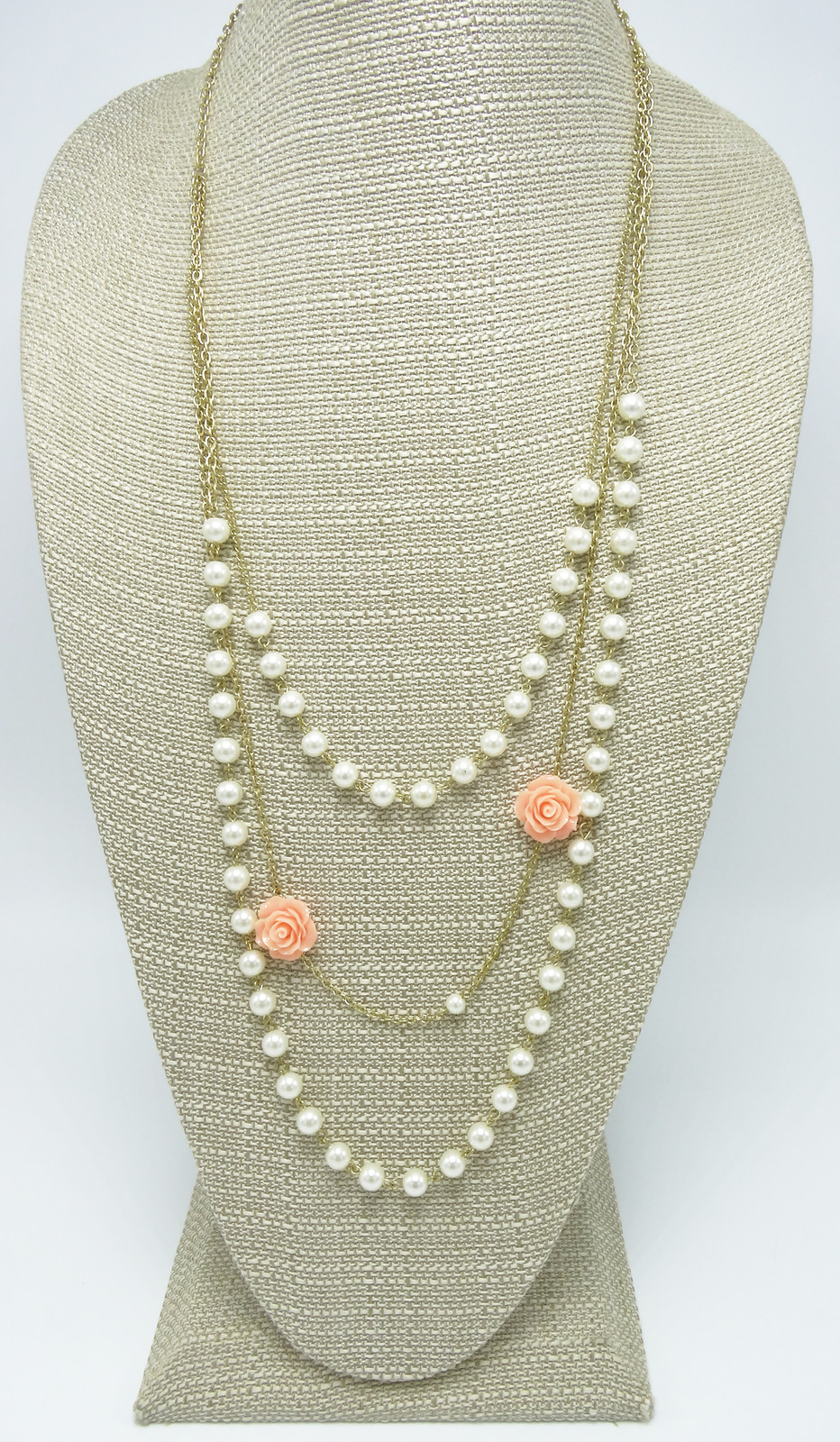 New Retro Simulated Pearl & Peach Roses on Gold Chain Necklace #N2598