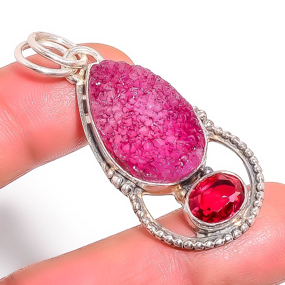 Pink Quartz Drusy & Rubellite Pink Tourmaline Silver Handmade Pendant 1.76″