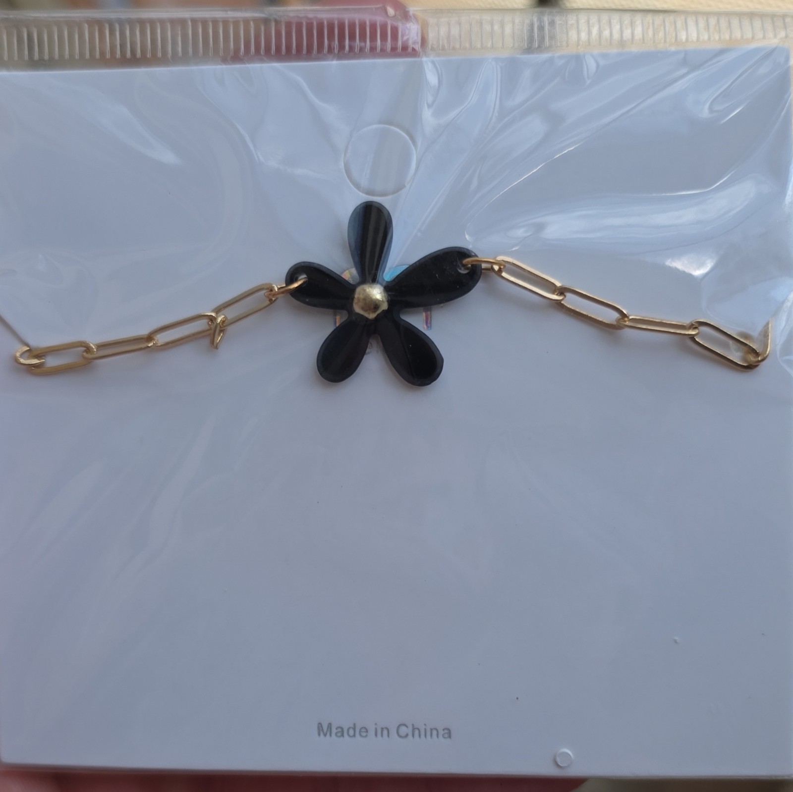 Gold Tone Bar Link Chain Bracelet Black Flower Dangle Charm Adjustable Lobster