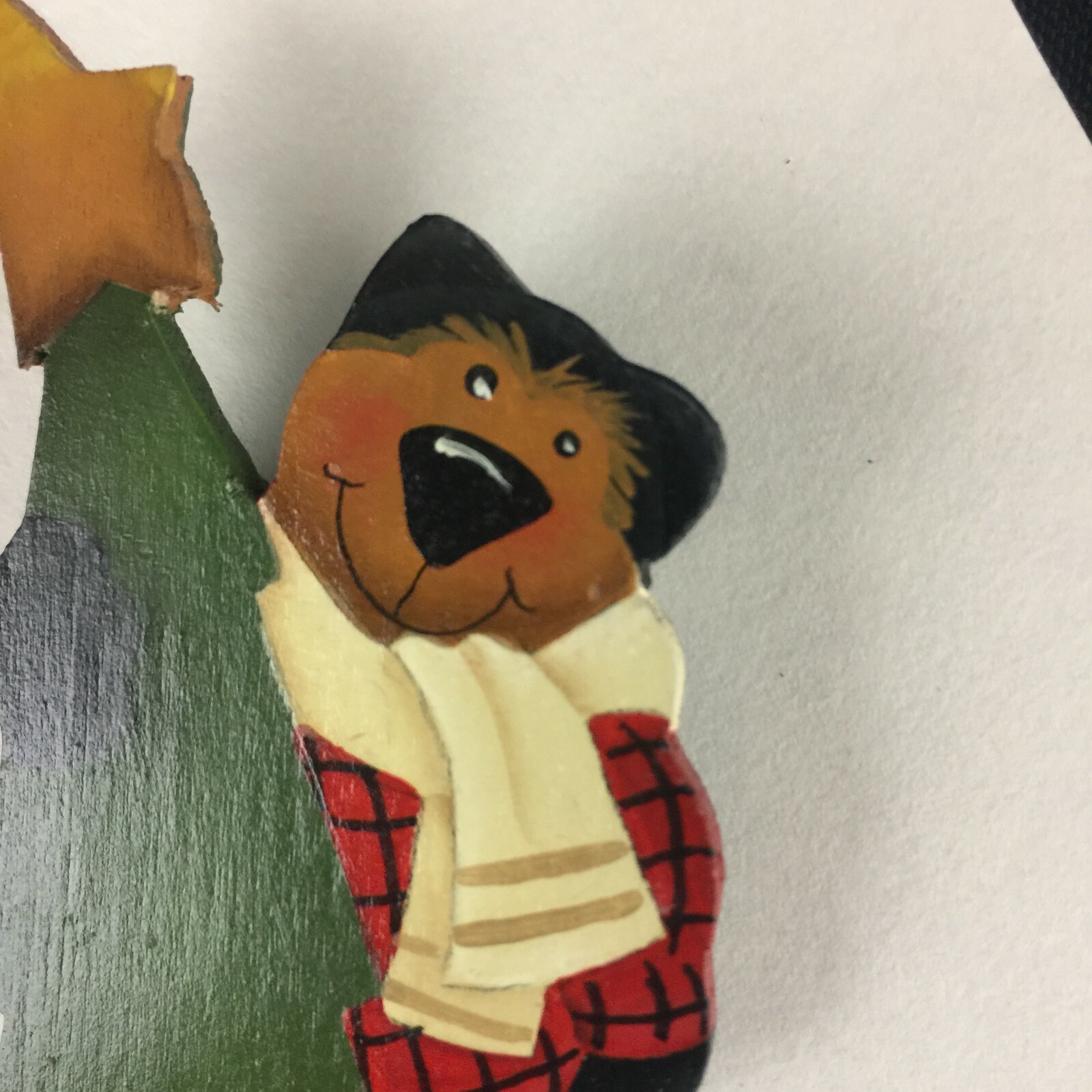 Brooch Christmas Pin Bear with Tree Wooden Hand Painted Locking Bar Back VTG C