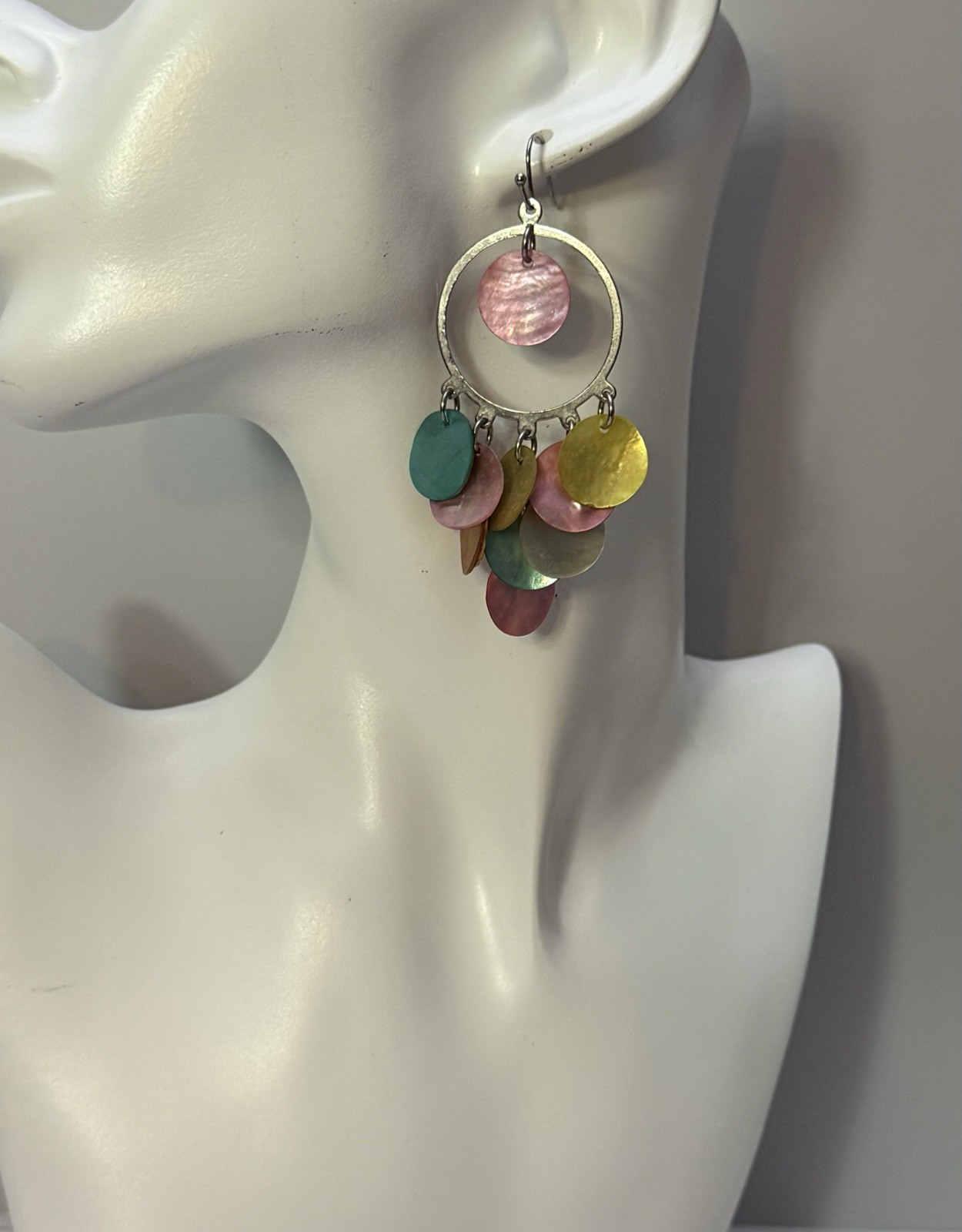 2 Pair Pink Multicolor Chandelier Earrings – Genuine Capiz Mermaid Scale – Boho