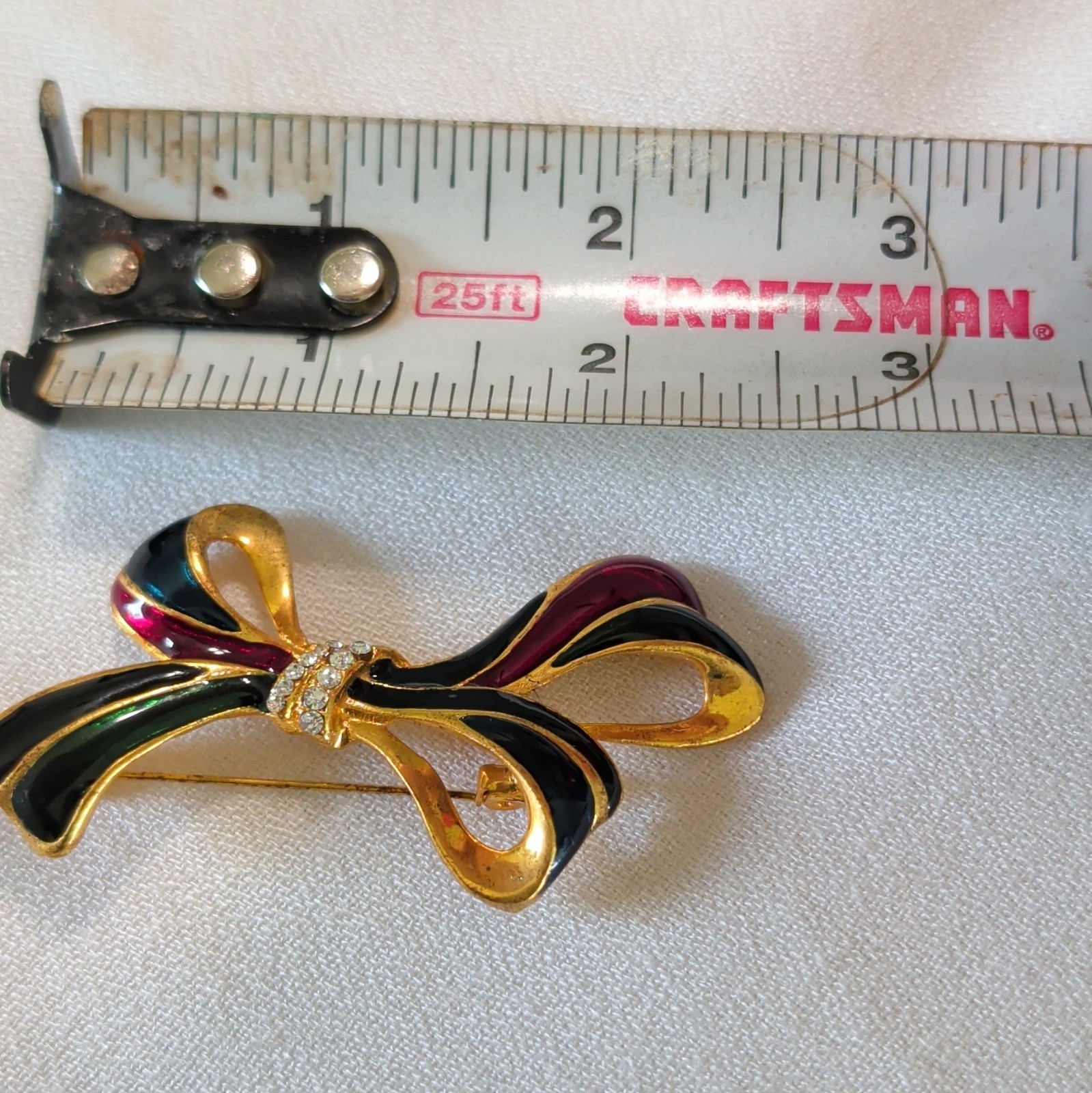 Gold Tone Enamel Bow Brooch w/ Rhinestone Center, Black Red Blue Green