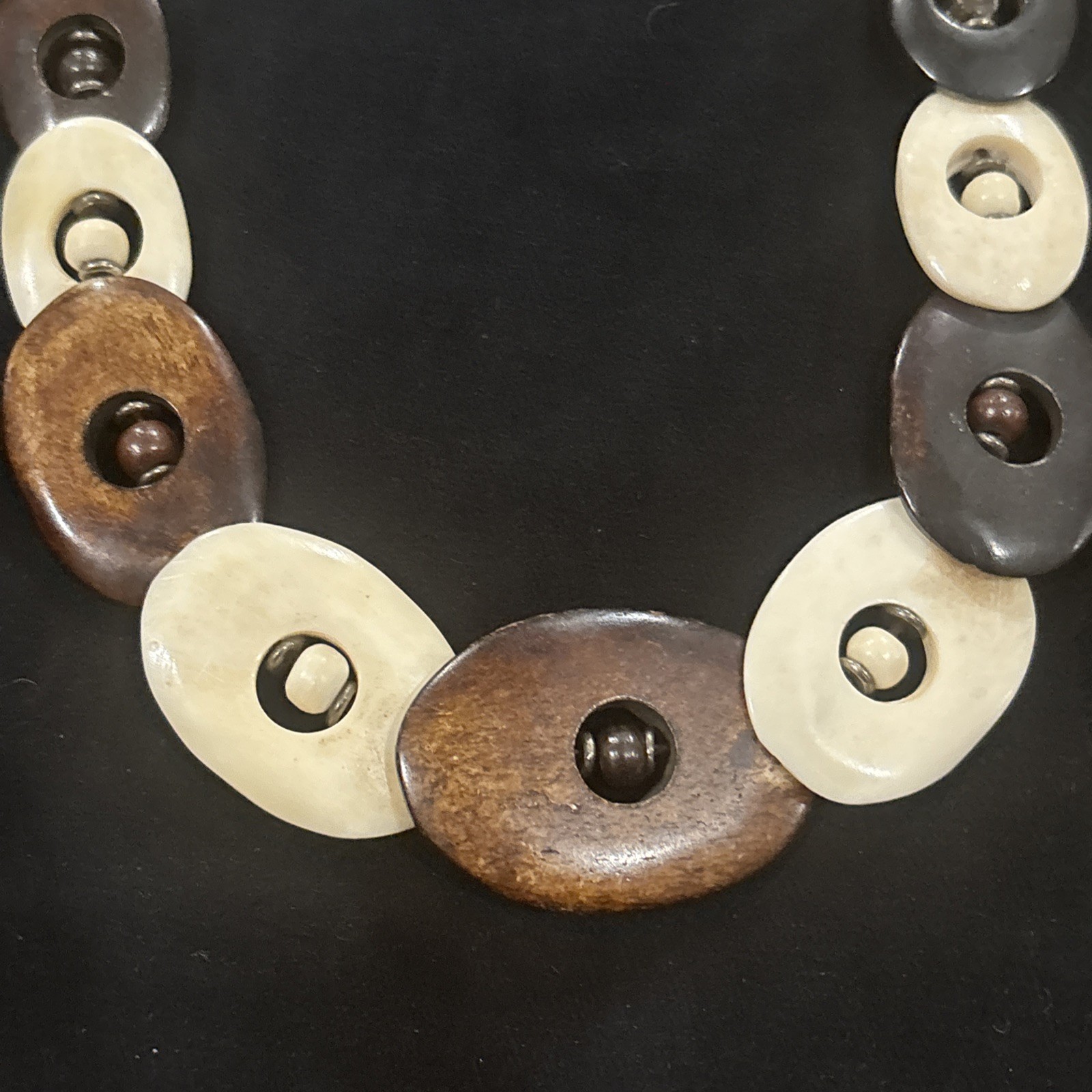 Wood & Bovine Bone Material Bead Necklace 26” Tribal Boho Statement Brown