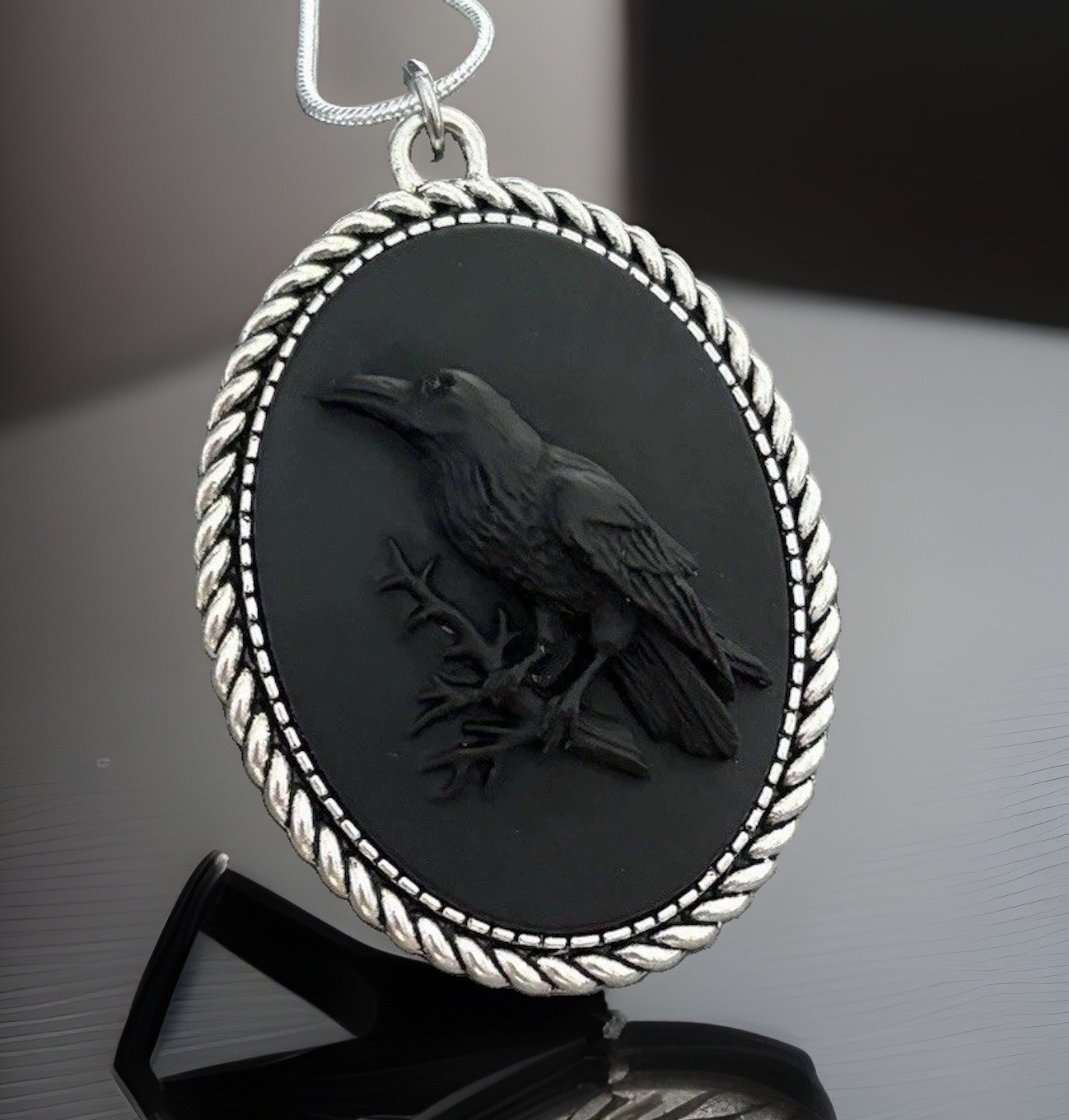 Lrg Crow Black Bird Raven Cameo Necklace Gothic Halloween, Sterling Silver Chain