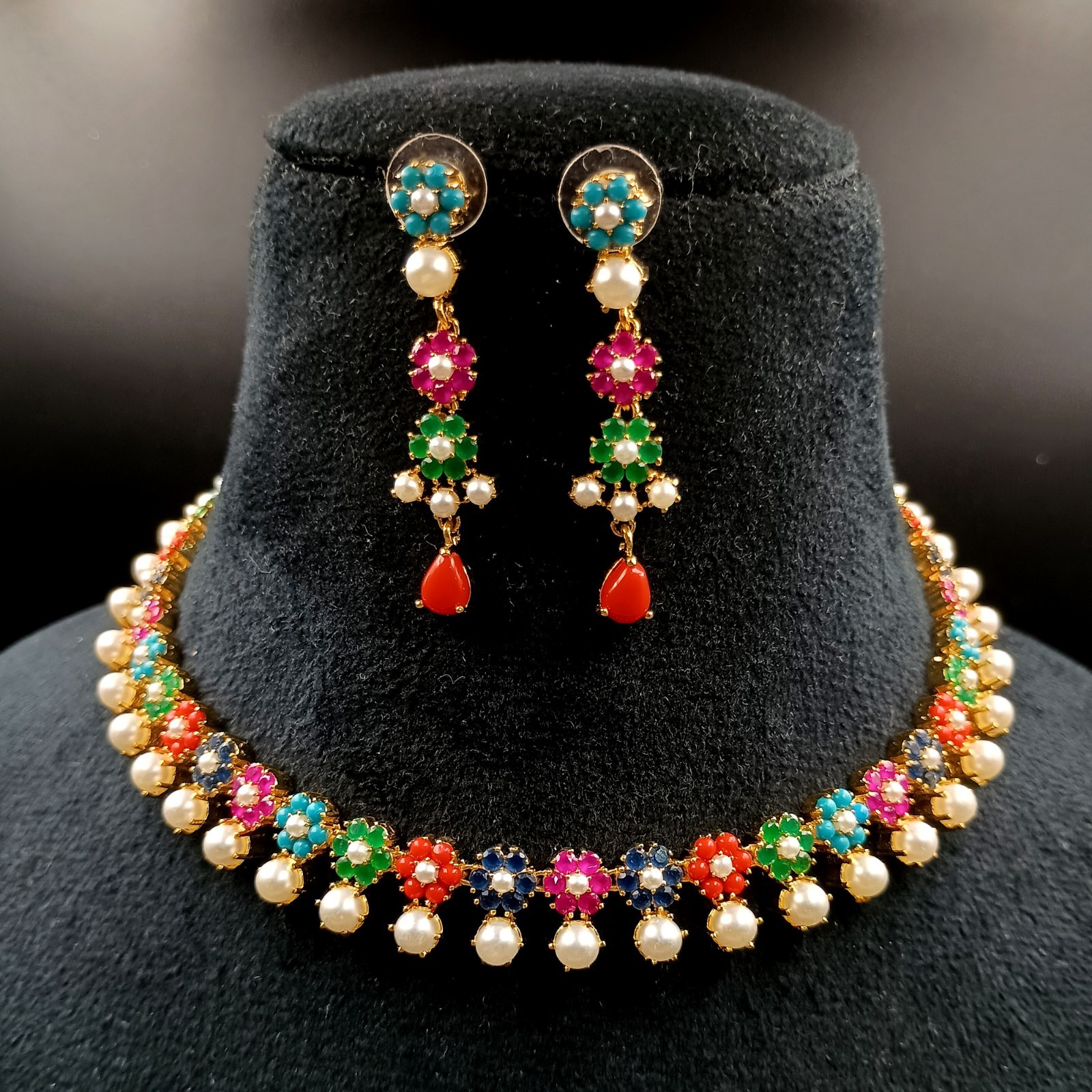 Long Navratan Necklace Set 22K Gold Plated Traditional Multi Gemstone Jewelry