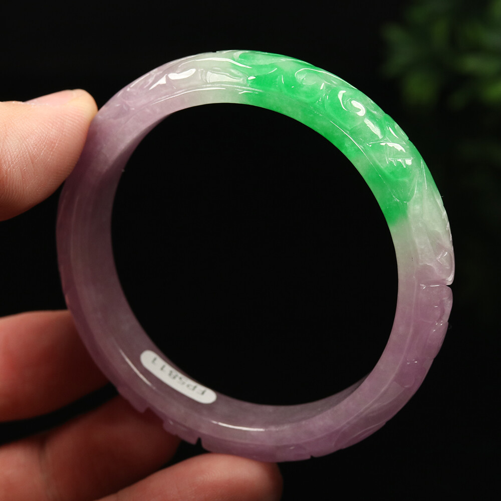 55mm Lavender Purple Green Jadeite Jade Bracelet Bangle Ruyi Flower A-11675
