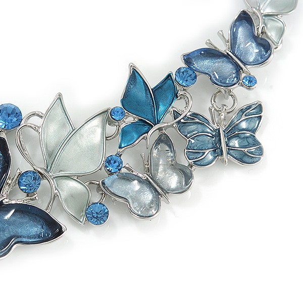 Romantic Blue Glass, Enamel, Crystal Butterfly Cluster Necklace and Stud