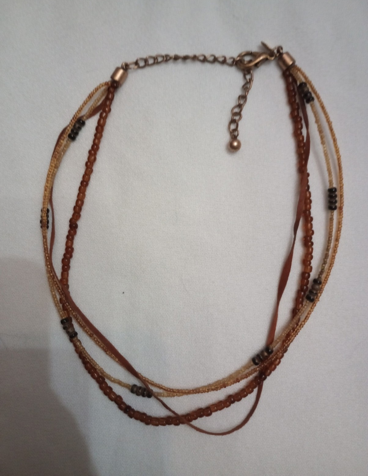 Brown Layered Multi-Strand Beaded Cord Necklace, No Stone, Lobster Clasp