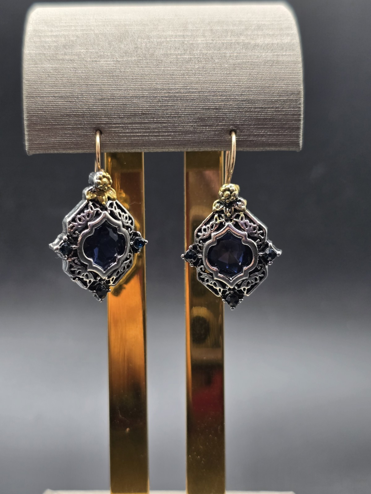 Silver & Gold Tone Dangle Drop Earrings Blue Round Crystal Bezel Hook 1.25in