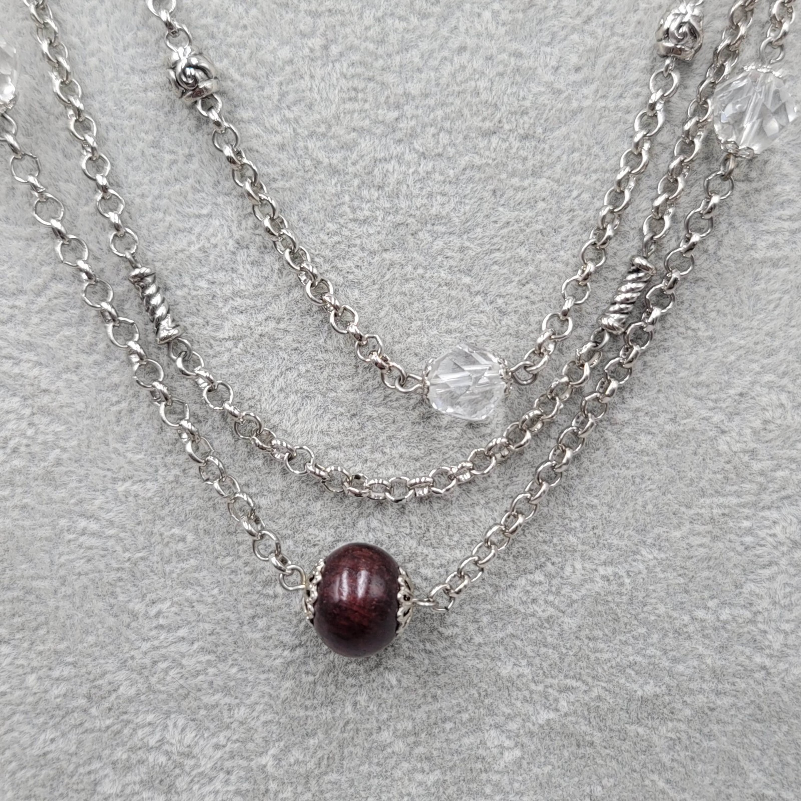 Wood Bead Layered Chain Necklace Silver Plated Filigree 34″ adj