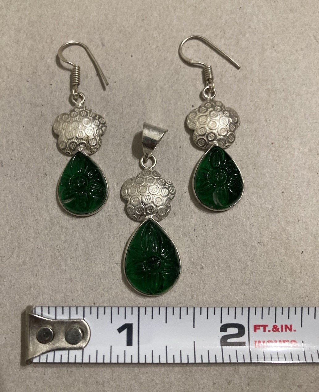 Green Chromium Diopside Earrings Necklace Pendant Jewelry Set Flower Teardrop