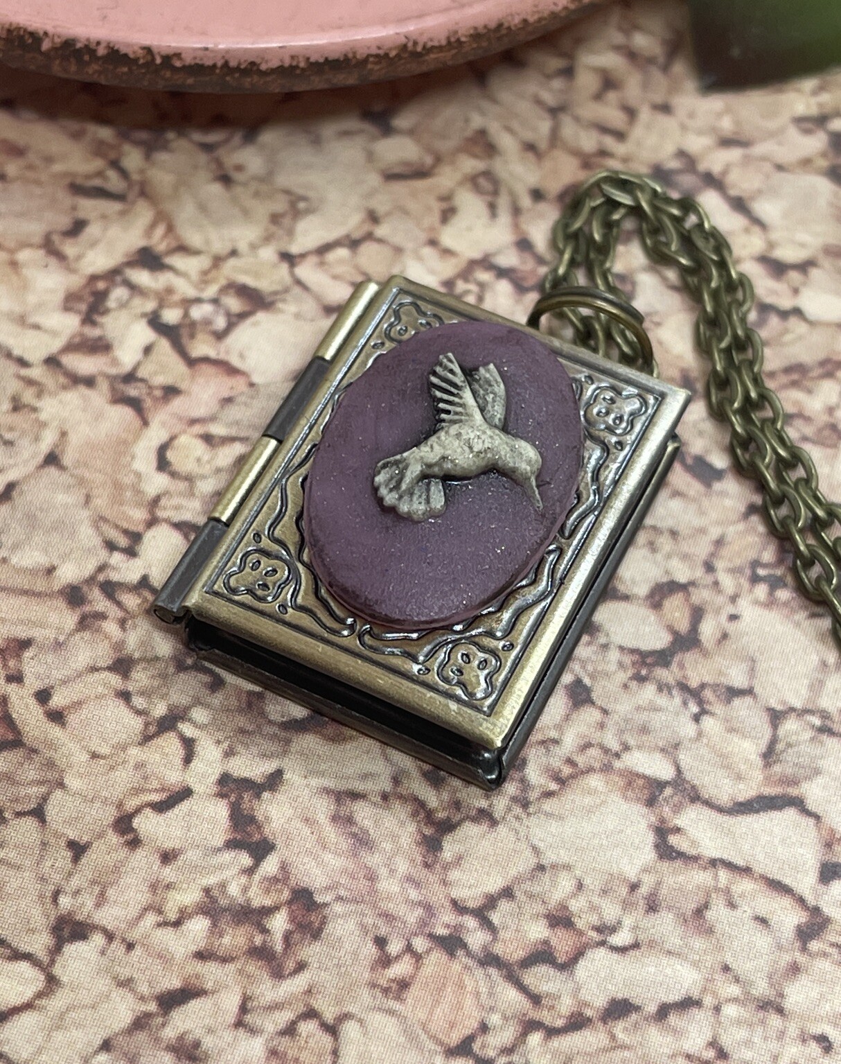 Dainty Cameo book Locket pendant necklace Hummingbird Anniversary Wedding Purple