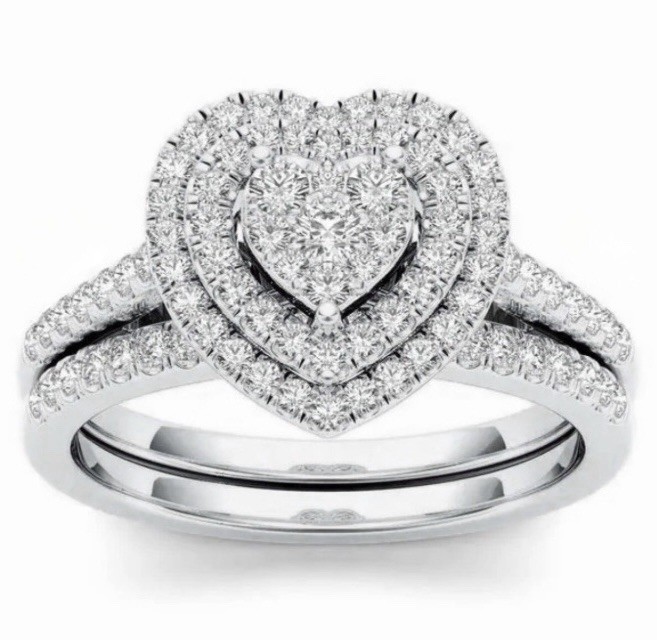 Elegant Silver Filled Lab Diamond Heart Ring & Band Sz 11 Set