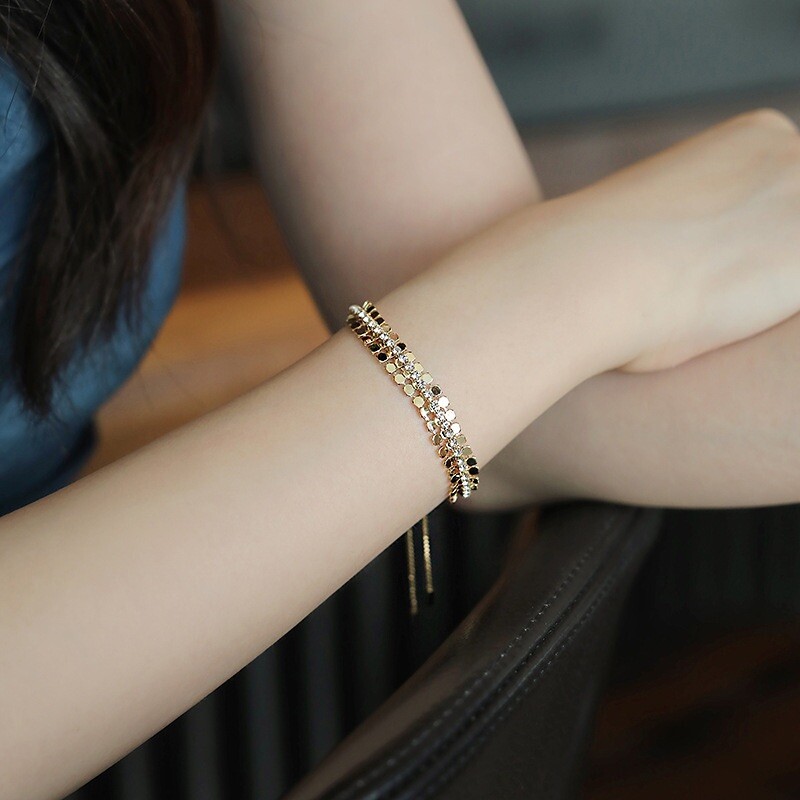 18K Gold Plated Adjustable Crystal Metal Sequin Charm Bracelet for Women Gifts