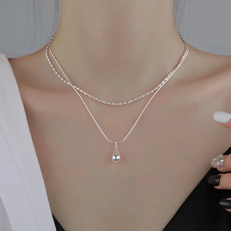 Snake Chain Necklace Rice Droplet 925 Sterling Silver Double Layer Jewelry