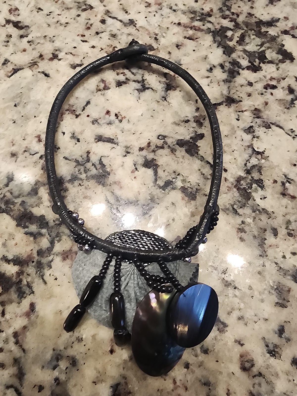 Artisan Black Leather Statement Necklace Iridescent Shell Pendant Boho