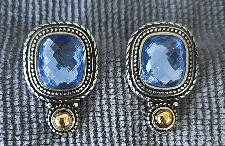 Brighton CZARINA 2 Tone Silver Gold Blue Faceted Crystal Earrings 1.25 in.
