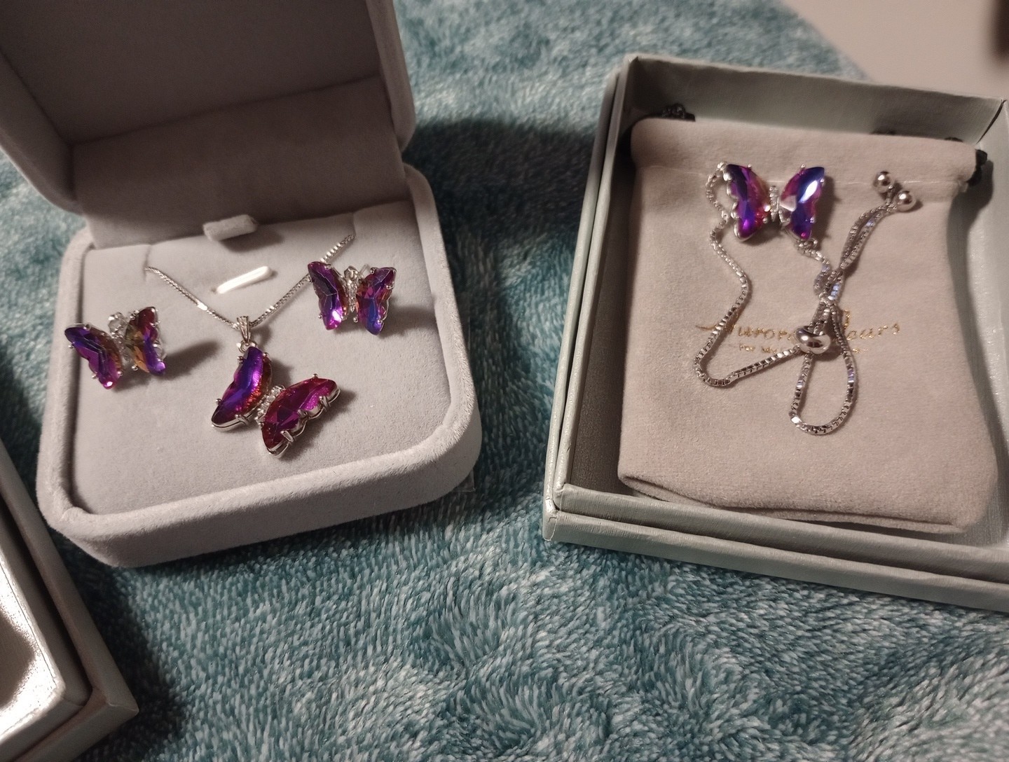 925 Aurora Tears Amethyst Crystal Bracelet, Chain W/Pendant & Matching Earrings