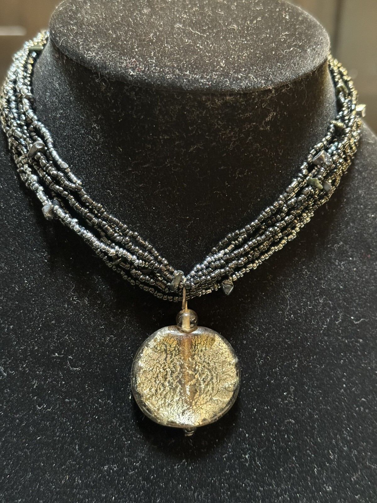Multistrand Beaded Black And Silver Necklace Silver Pendant Adjustable