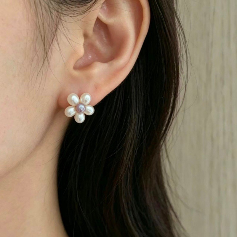 Handmade Flower Pearl Stud Earrings 18K Gold Plated Daily Women Jewelry