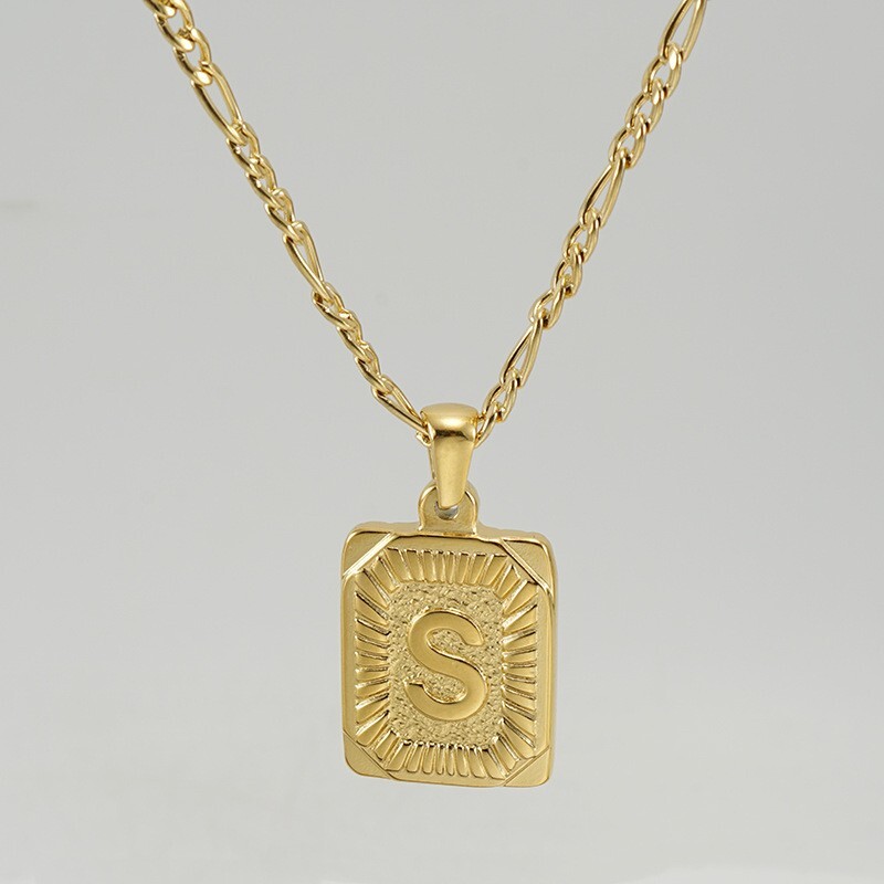 18″ Gold Plated Initial Letter Pendant Necklace Stainless Steel Figaro Chain