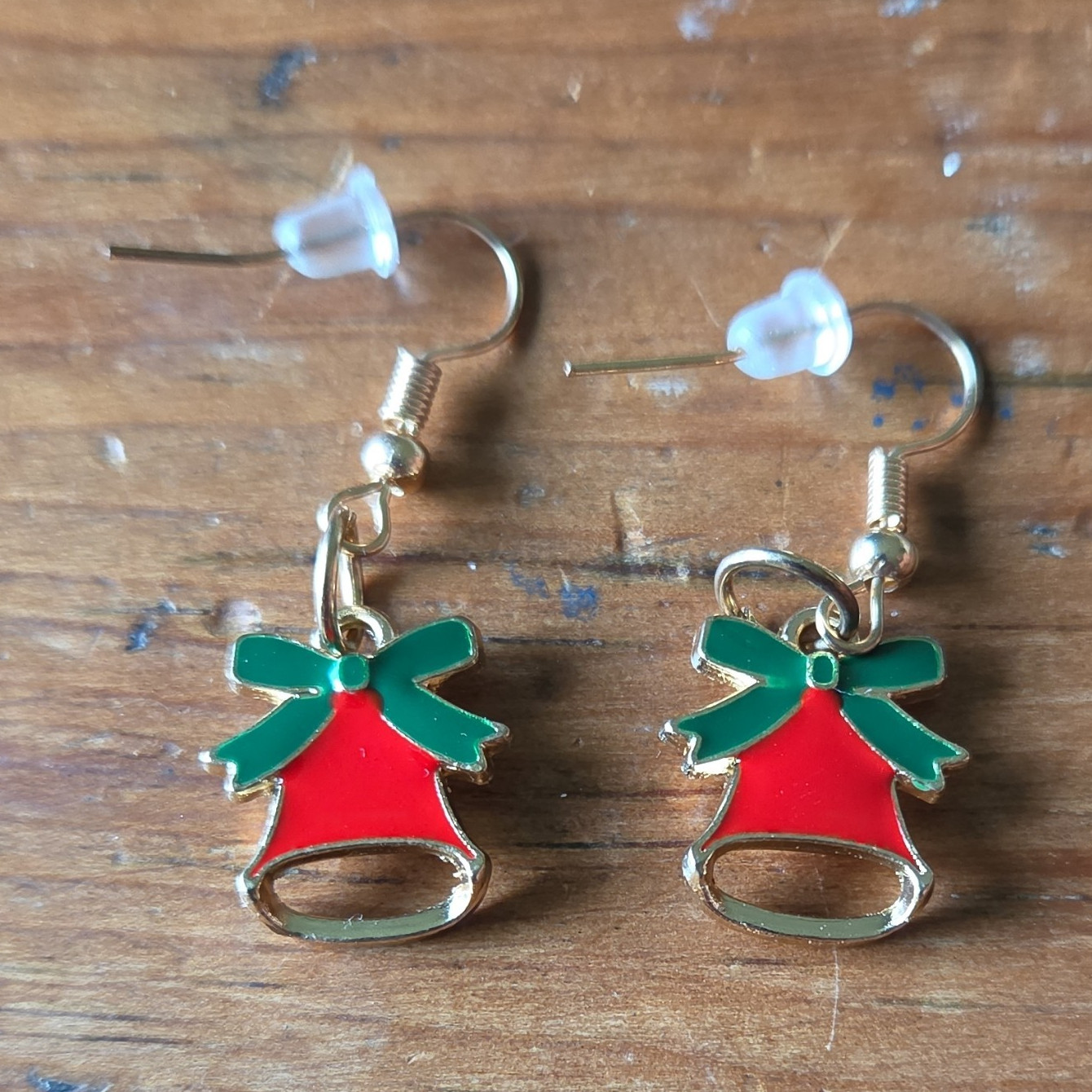 Christmas Bell Enamel Dangle Drop Hook Earrings Nickel-Free Red Green Gold