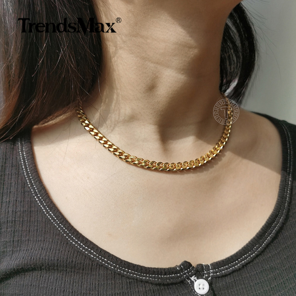 7mm 16-36″ Gold Plated Curb Link Stainless Steel Necklace Men Women Chain Choker