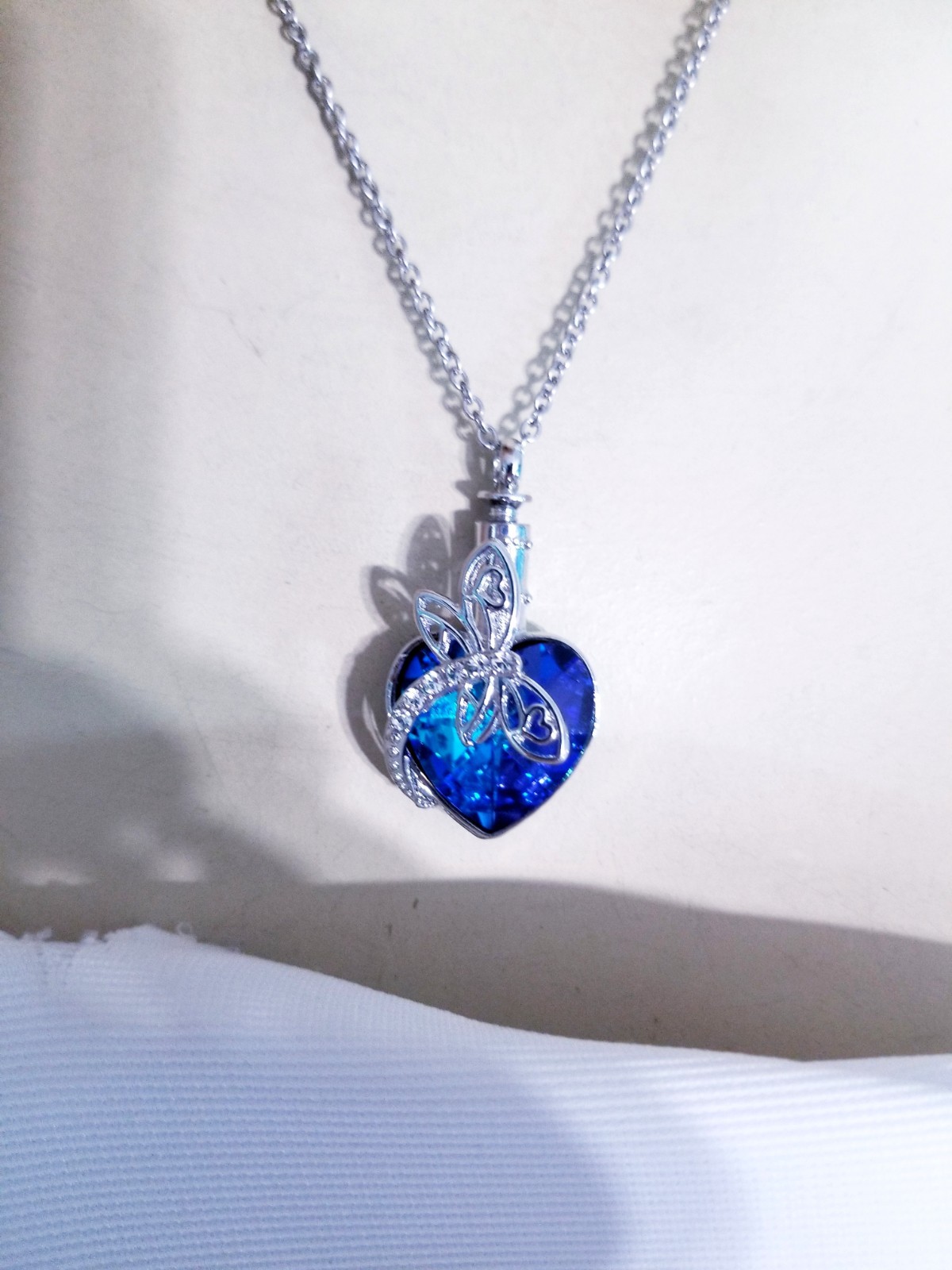 Silver Tone Urn Cremation Memorial Necklace Dragonfly Pendant for Ashes Blue