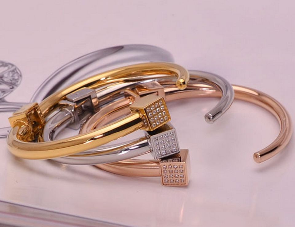 18KGP White Gold Rose Gold Stainless Steel CZ Cube Bangle Bracelet