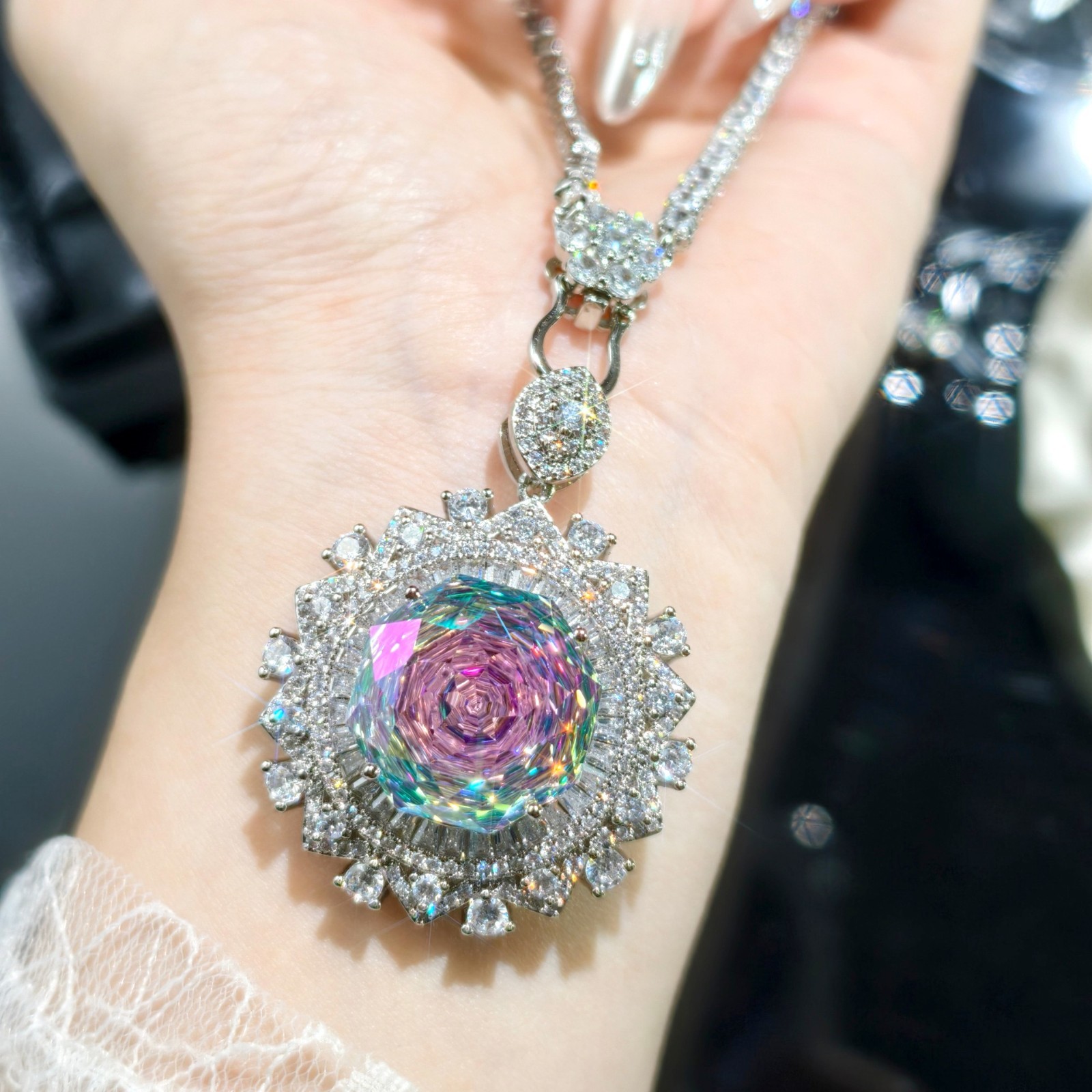 Big 18mm Octagon Rose Cut White Mystic Topaz Gems Silver Women Necklace Pendant