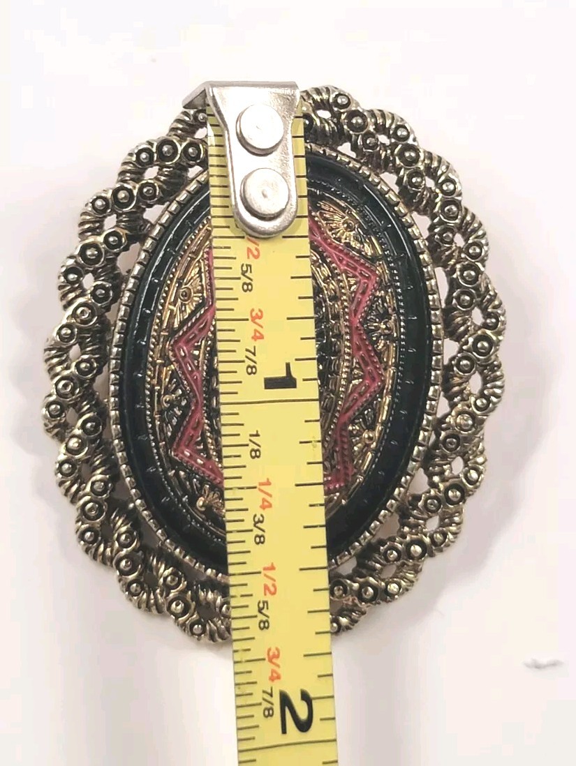 Sarah Coventry Brooch/ OR Pendant Gold Tone Red Black Enamel Oval Dome Detailed