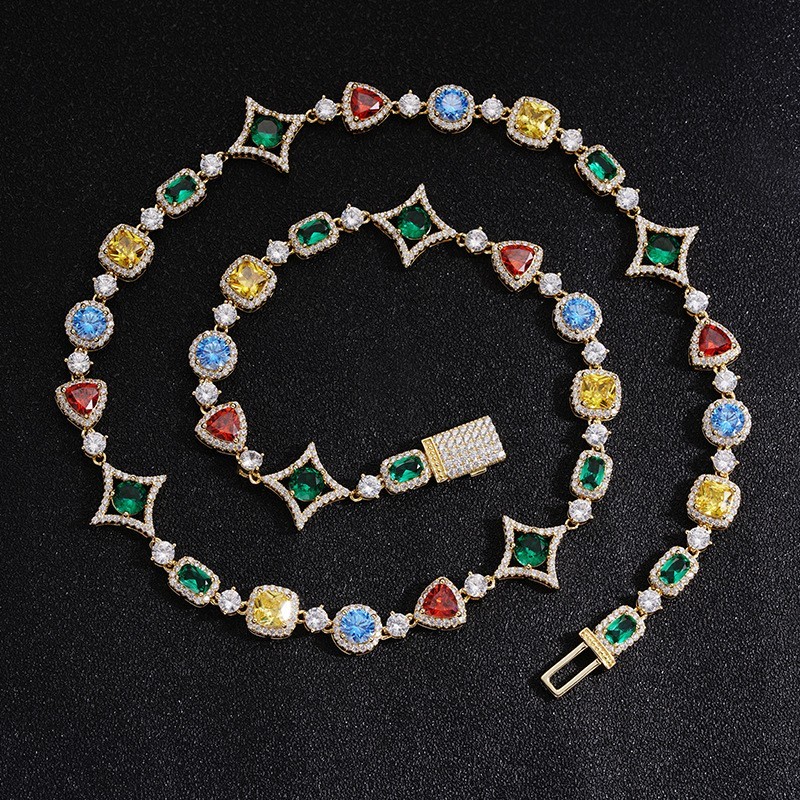 Colorful Gemstone Rhinestone Necklace for Men Women, Tennis Chain Bracelet Jewel