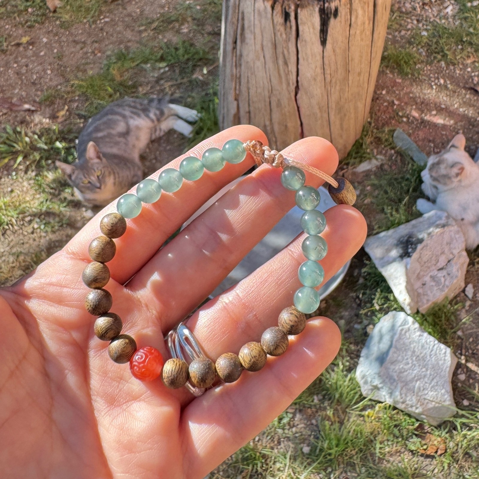 Aromatic Bracelet w Blue Guatemalan Jade Agarwood Nanhong South Red Agate 26M005