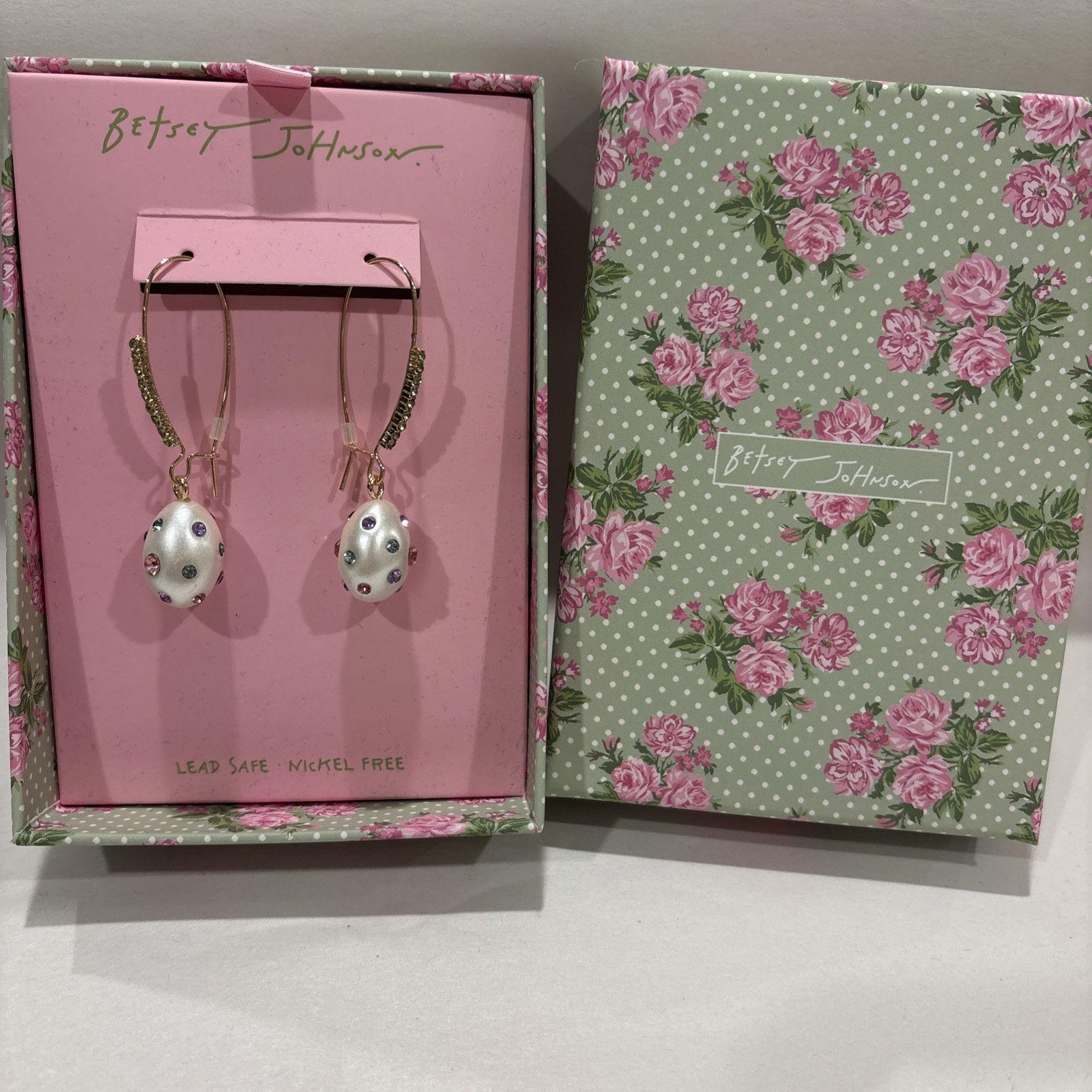 Betsey Johnson Pearlescent Spring Easter Egg Drop Earrings,NEW IN BOX